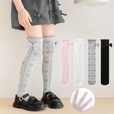 Kniehohe lange Socken für Mädchen, weiße Farbe, Prinzessinnen-Schleife, Wadensocken, Frühling/Sommer, dünnes Netz, atmungsaktive Kinderstrümpfe, 3–8 Jahre