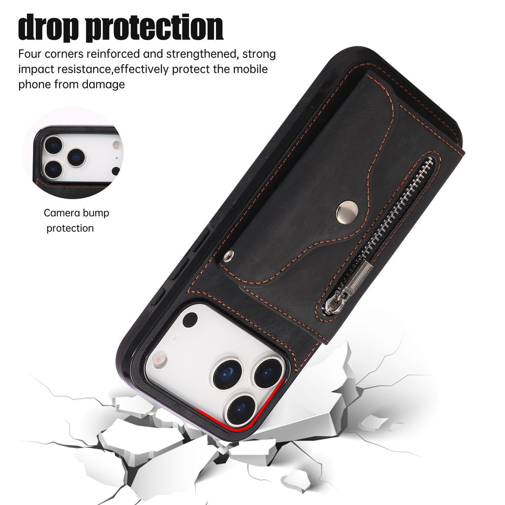 Phone Case for iPhone 17 Pro Max 16E Air 16 Pro 15 Plus 14 13 Mini 12 11 Lanyard Zipper Plain Leather Card Holder Wallet Cover