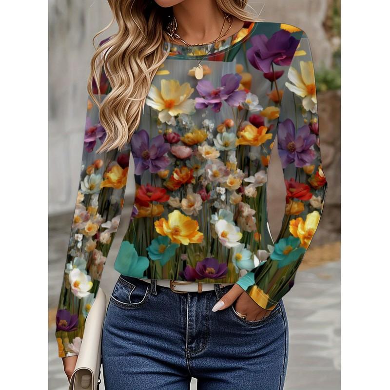 Womens Long Sleeve Crew Neck T-Shirt With 3D Flamingo Print Soft Milk Silk Fabric Loose Fit Casual 2025