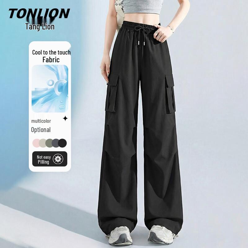 TonLion Women s Cool Feel Wide-Leg Straight Cargo Pants L