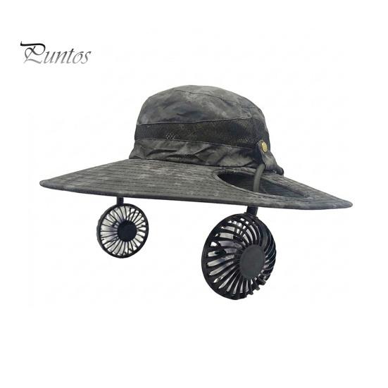 Summer Camping Sun Protection Solar Fan Hat, Cooling Bucket Outdoor Wide Brim Portable Powered Cap Hat with 2 Fans for Fishing, Camping, Hiking, Beach