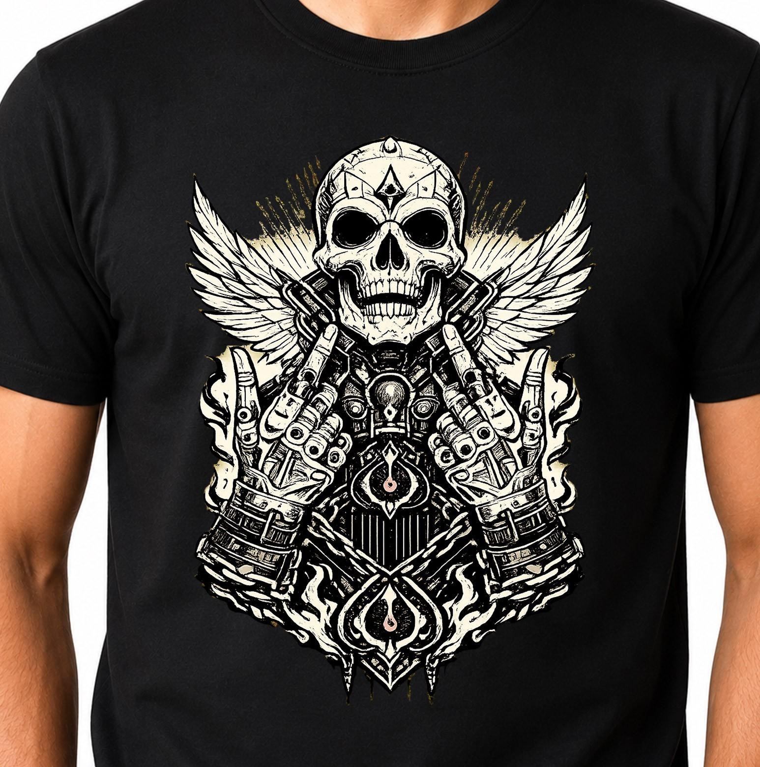 Skull Wings T-Shirt Gothic Skeleton Rock Hands Biker Tattoo Dark Art Graphic Tee XL