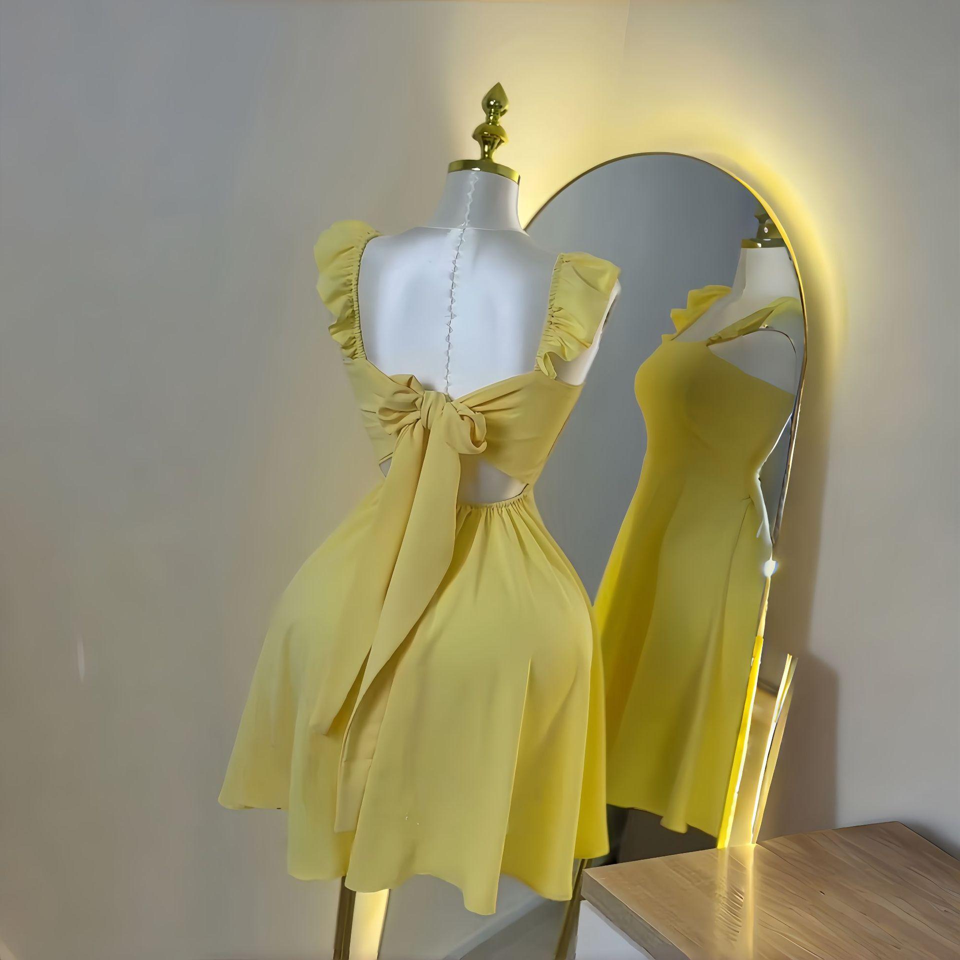 European and American summer fashion design sense suspender medium dress sweet and fresh Mori style temperament skirt S жёлтый
