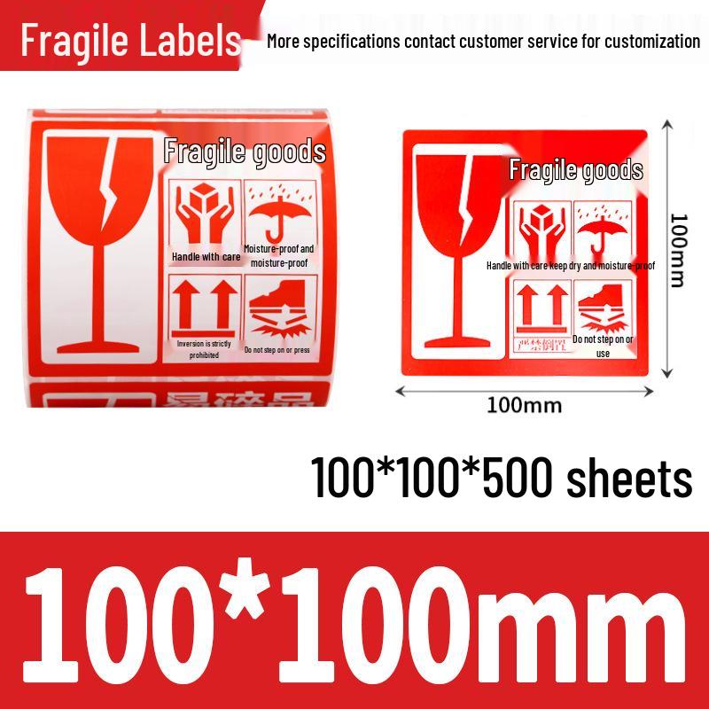 Easy Tear Fragile Label Stickers - English & Chinese Warning on Coated Paper, Anti-Tear Design
