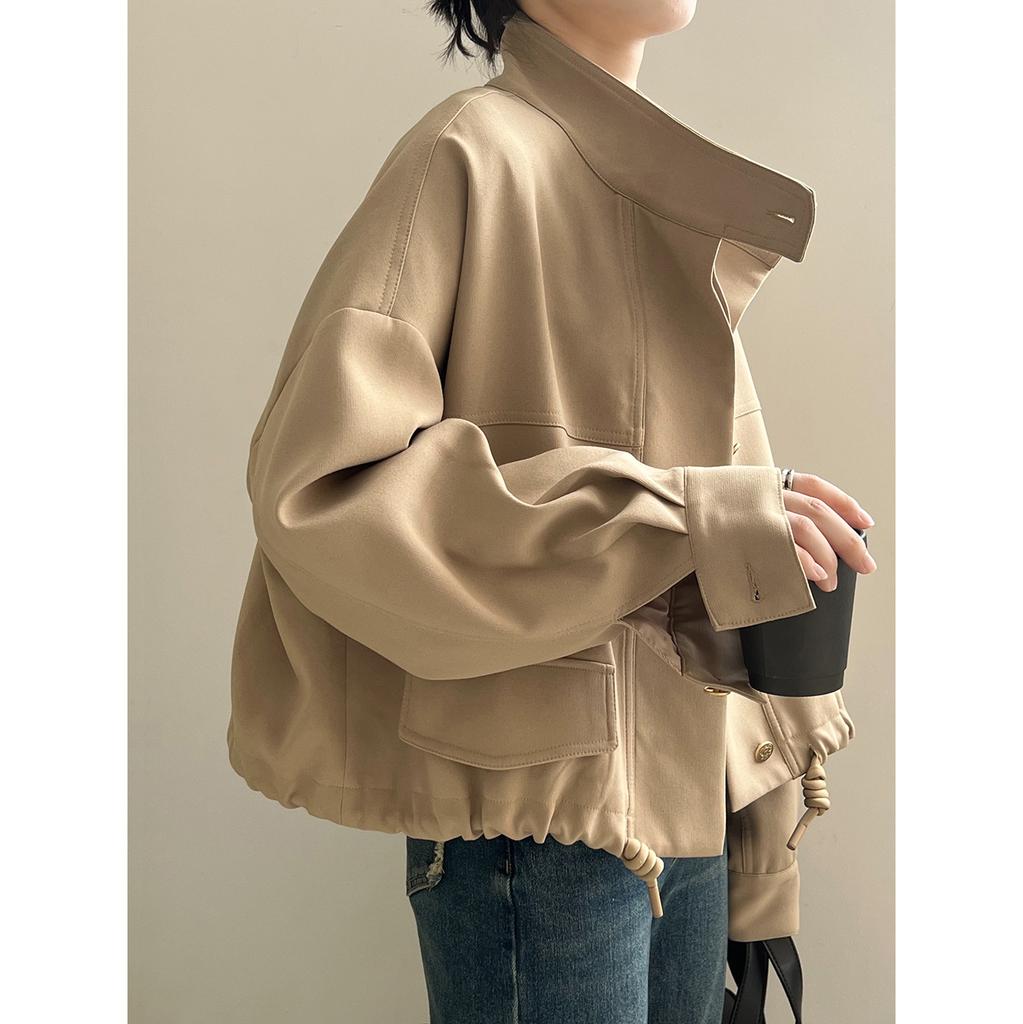 Korean Standing Collar Jacket Cardigan Women's Autumn New Loose Hem Drawstring Short Jacket