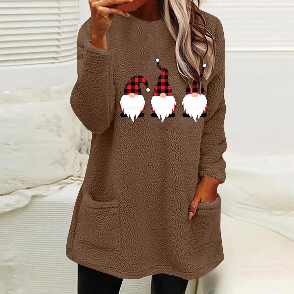 Women's Loose Long-Sleeve Christmas Santa Fleece Sweatshirt with Pockets