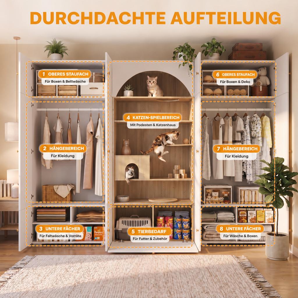 Wardrobe Set, Pet Cabinet, 270 x 50 x 200 cm, with Clothes Rail, Cat Climbing Wall and Cushion, for Bedroom, Living Room and Hallway, White+Wood Look