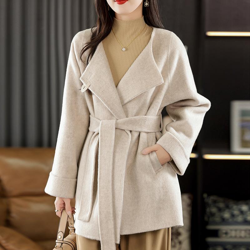 Autumn and winter new double-sided wool coat women's medium temperament loose belt wool coat