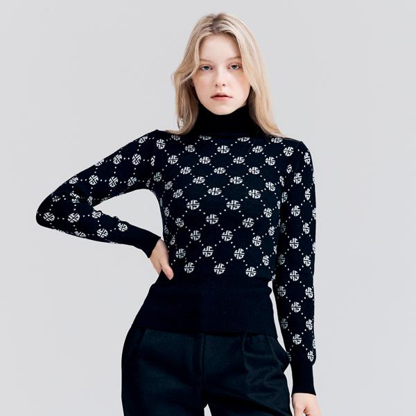 HENRY STUART Women'S Monogram High-Neck Knit Sweater Black