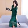 Elegant V-Neck Long Sleeve Mesh Dress for Women - Plus Size, Slimming Waist, Belly-covering, Stylish 2025 Spring/Autumn Fashion