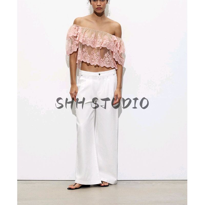 Spring and Summer New Women's Clothing Seaside Vacation Style Laminated Decoration Embroider Short Sleeve round Neck Short Top 1067154