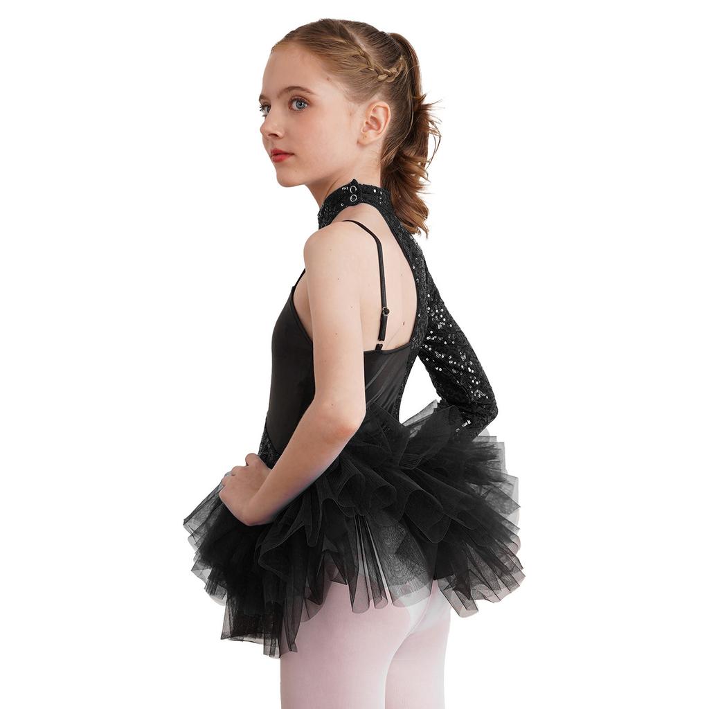 Dziewczęca Błyszcząca Sukienka Taneczna z Cekinami Asymetryczny Rękaw Kontrastowa Tiulowa Spódnica Styl Leotardu Strój na Występy