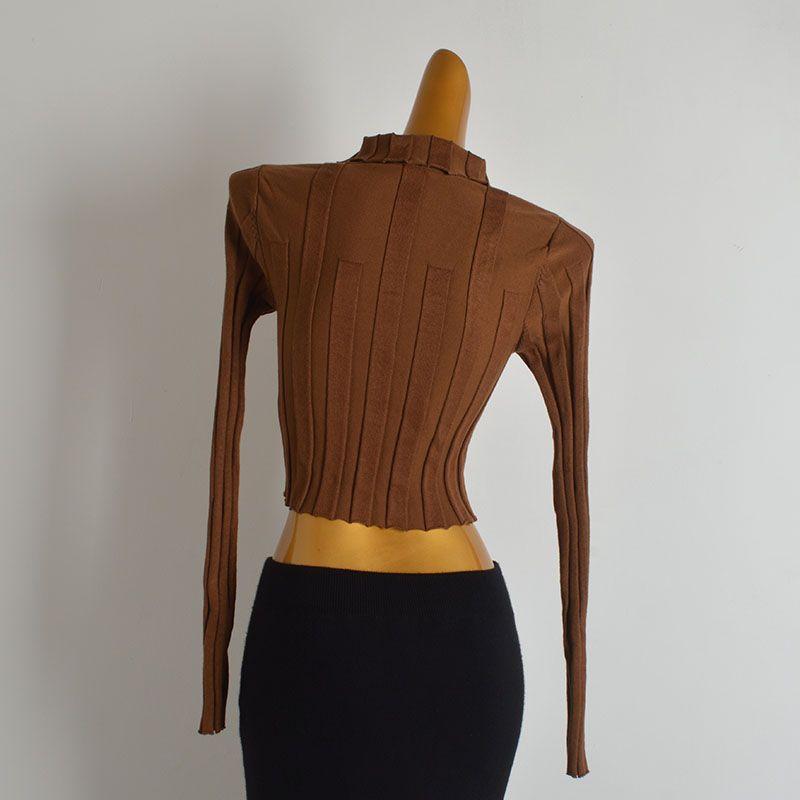 French Simplicity Solid Color Polo Collar Sunken Stripe Long Sleeves Knitting Cardigan Female Spring & Fall Fashion Metal Buckle Cropped Coat Top