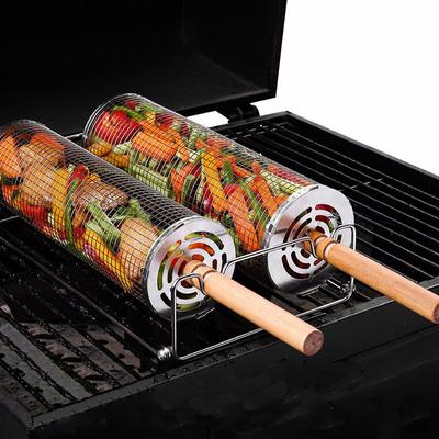 BBQ Grillkorb aus Edelstahl, Rollgrillkorb aus Drahtgeflecht, zylindrischer Grillkorb, tragbar, rund, für Outdoor-Camping, Grillgestelle