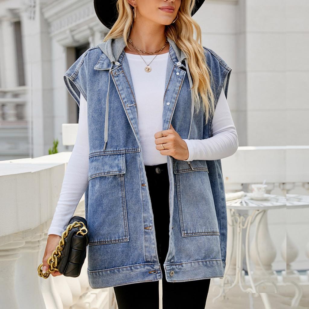 Women's Casual Denim Vest Vest Large Pocket Sleeveless Hooded Detachable Vest Jacket