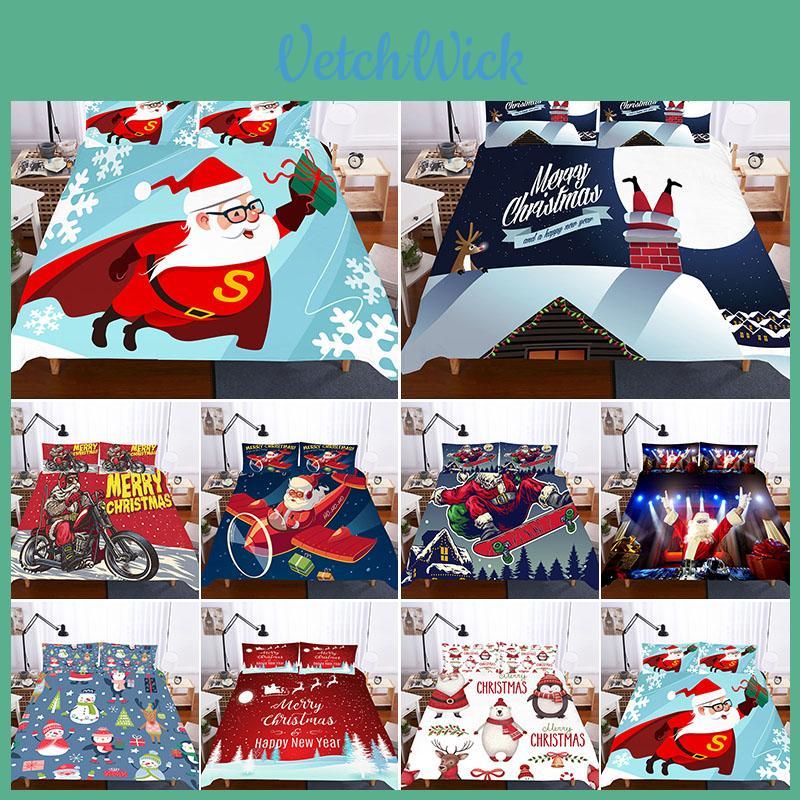 Santa Claus Christmas Quilt Duvet Cover Set With Hidden Enclosure Loops**