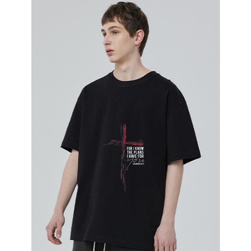Black T Shirt with Religious Cross and Bible Verse for I Know The Plans I Have for You Jeremiah 29 11 Print for Casual Wear