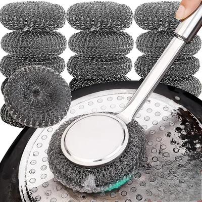 Stainless Steel Wire Brush with Long Handles Kitchen Replacement Steel Wool Wire Ball Dishwashing Brush Sink Countertop Cleaning