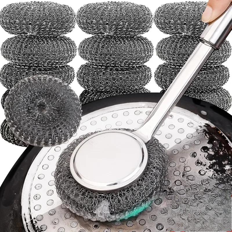 Stainless Steel Wire Brush with Long Handles Kitchen Replacement Steel Wool Wire Ball Dishwashing Brush Sink Countertop Cleaning