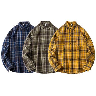 Autumn Men'S Abraded Thickened Plaid Long Sleeve Shirt Men'S Loose Lapel Shirt