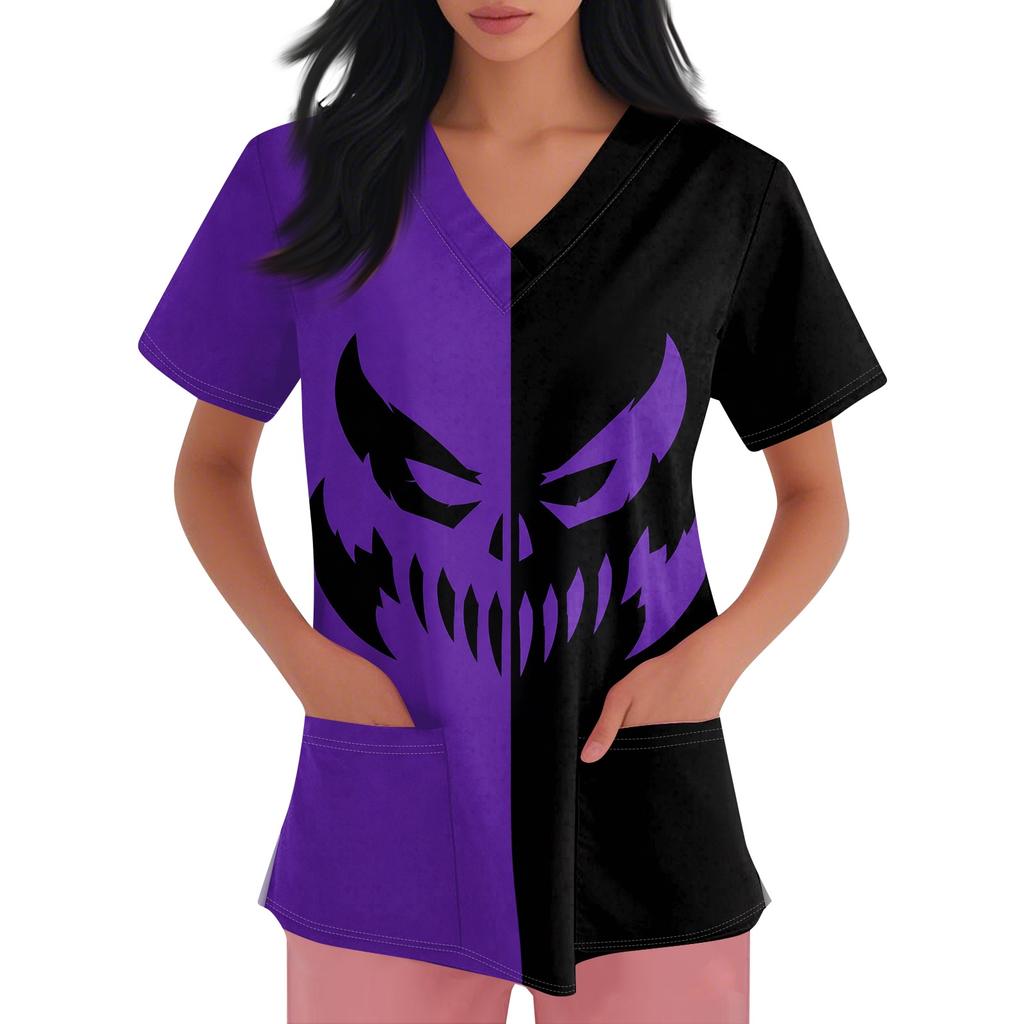 Women's Short-sleeved Halloween Print V-neck Pocket Protective Work Shirt