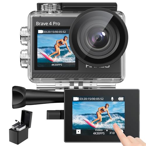 

AKASO Brave 4 Action Camera, 4K 20MP Resolution, Touchscreen, Dual Color Screen, 40M Waterproof, Underwater Camera, Image Stabilization, External Micr