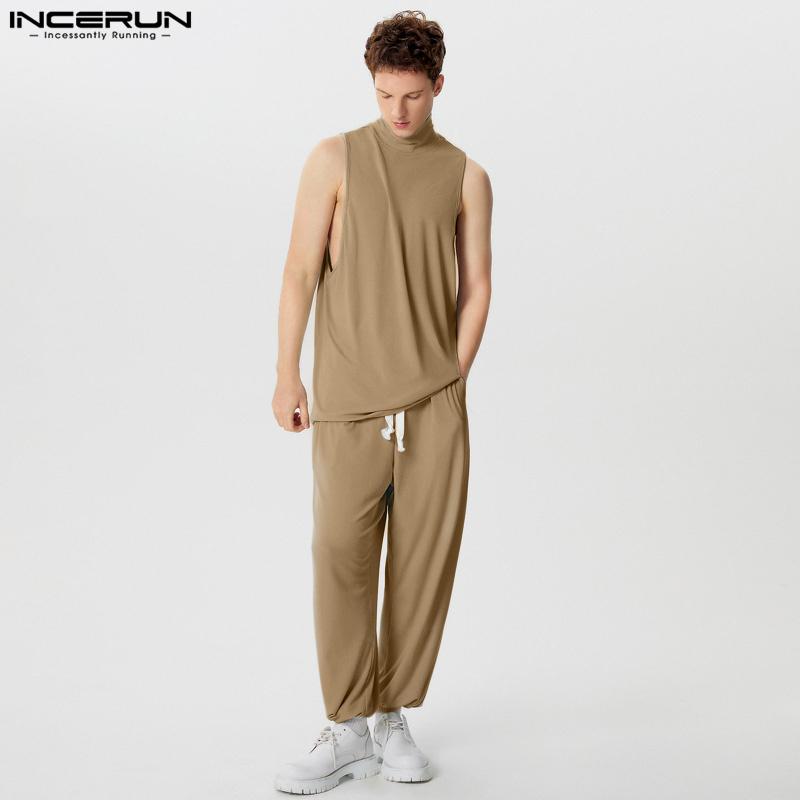 

INCERUN Костюм из двух частей для мужчин, водолазка без рукавов, трикотажные топы, длинные брюки, комплекты L хаки