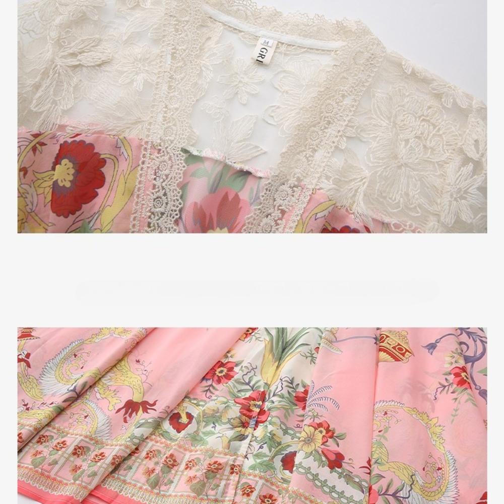 2026 Spring/Summer Resort-Style V-Neck Puff Sleeve Lace-Panel Printed Long Maxi Dress