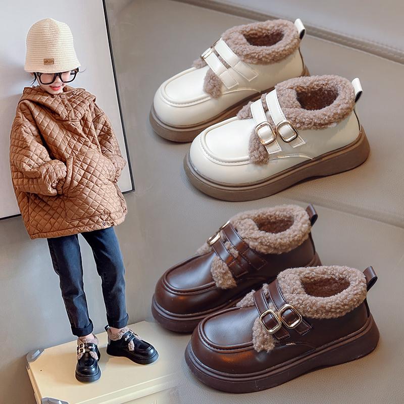 Children Leather Shoes Winter British Thick Soled Girls Shoes Plush Casual Warm Thicken Cotton Shoes