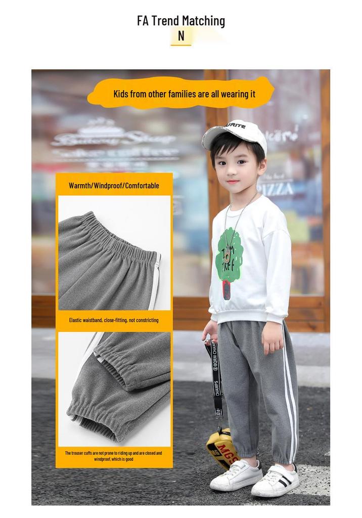 Unisex Kids' Double-Sided Fleece Casual Pants with Double Stripes for Fall/Winter