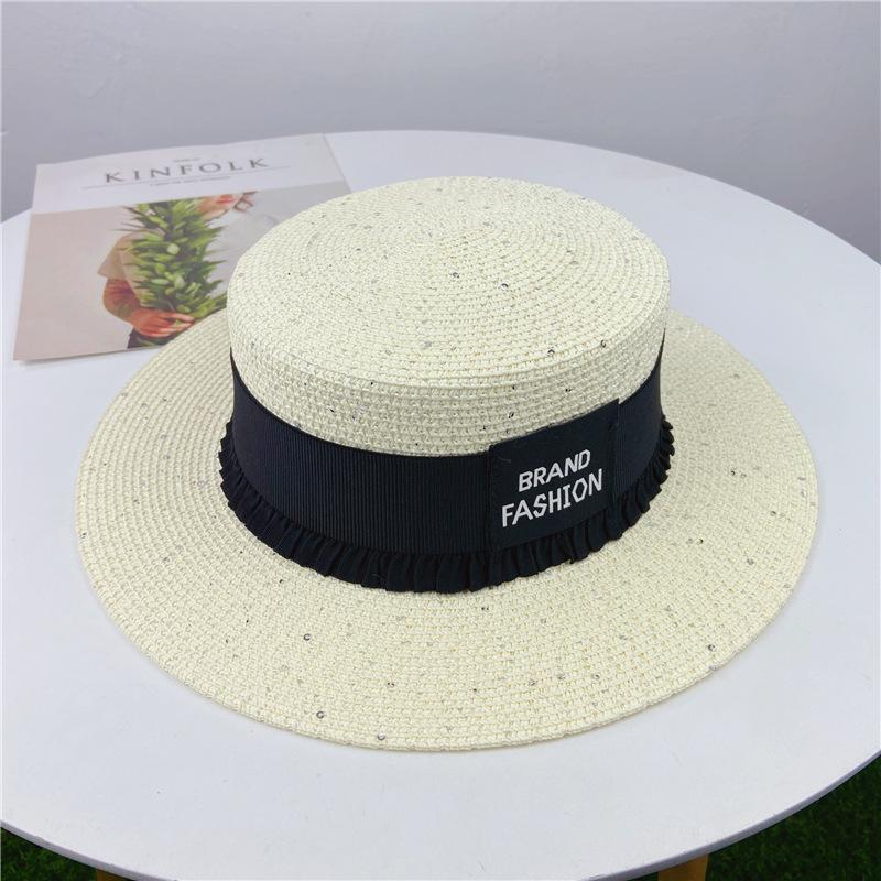 Ladies Summer Sun Protection Hat Women's Beach Hat Versatile Patch Straw Hat Flat Edge Straw Hat Letter Strap