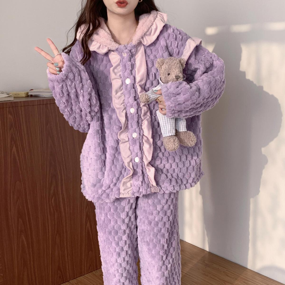 

Домашняя одежда Фланелевый костюм, который можно носить на улице Пижама для женщин Осенне-зимний стиль Коралловый бархат Теплый и милый с капюшоном 2XL