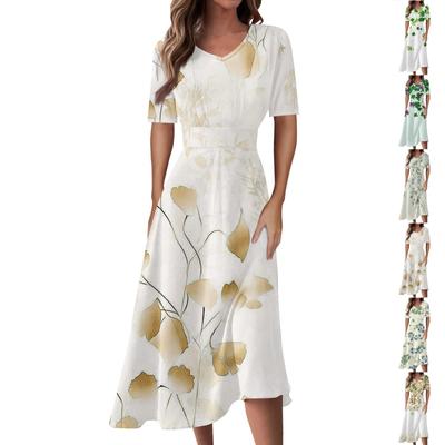 Γυναικεία Casual Fashion Floral (Φύλλο)  Φόρεμα με στάμπα με λαιμόκοψη με κοντό μανίκι στη μέση και μακριά