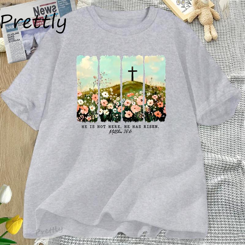 Er ist auferstanden Wildblumen-Print T-Shirt Frühling Ostern Designs T-Shirt Damen Trendy Ostern Christlich Jesus T-Shirt Damenbekleidung