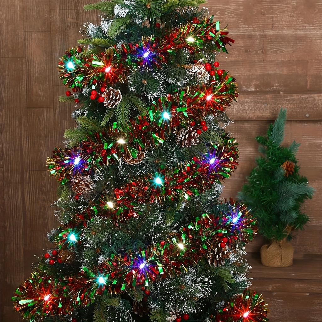 Christmas Tinsel Garland Thick Hanging Decorations for Xmas Party Indoor Outdoor (Without Battery)  for Festive Decorations
