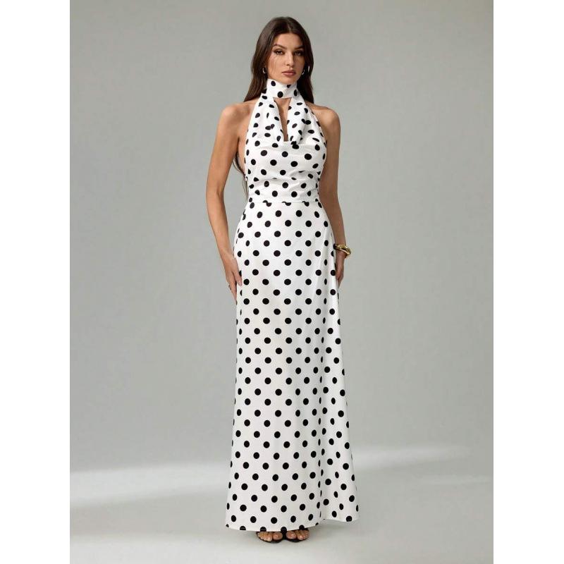 European summer new French temperament elegant polka dot printing neck V-neck sleeveless dress XS