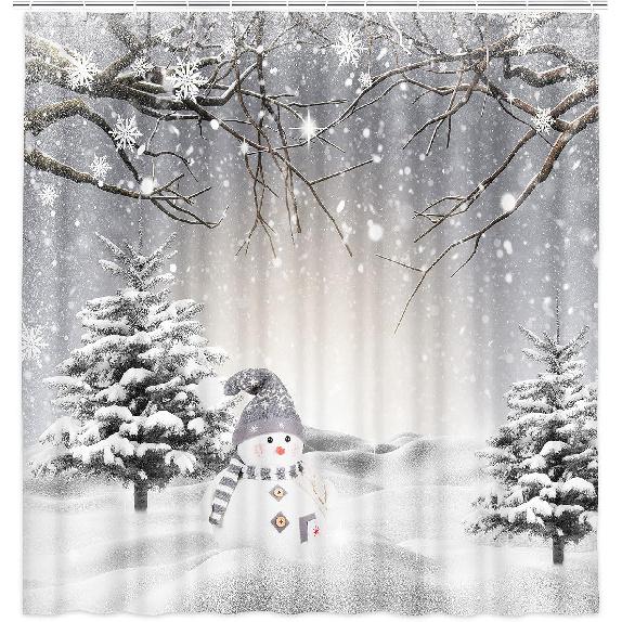 JAWO Winter Christmas Shower Curtain, Cute Snowman Snowflake Scene Shower Curtains for Bathroom, Pine Tree Covered Snow Fabric Bath Curtains Set with