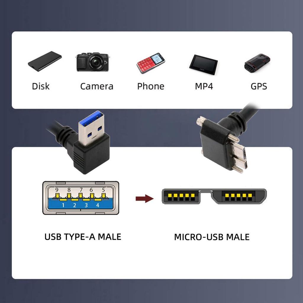 Cablecc USB A Male Down Angled 90 Degree To Plug Up Angle Lock Screw Panel 25cm 3.0 Micro-B 3.0 Cable,