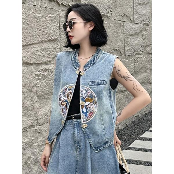 Summer Women's Embroidery Denim Vest, Bohemian Style Sleeveless Jean Jacket