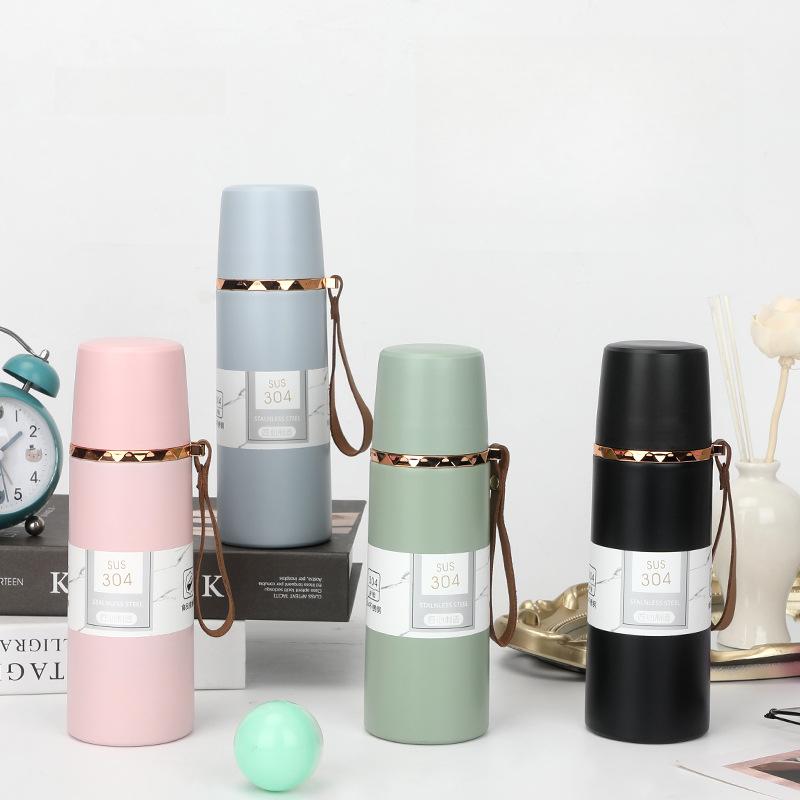 350/500ml 304 Stainless Steel Insulated Water Bottle with Leather Strap, Portable Vacuum Thermos for Daily Office Use