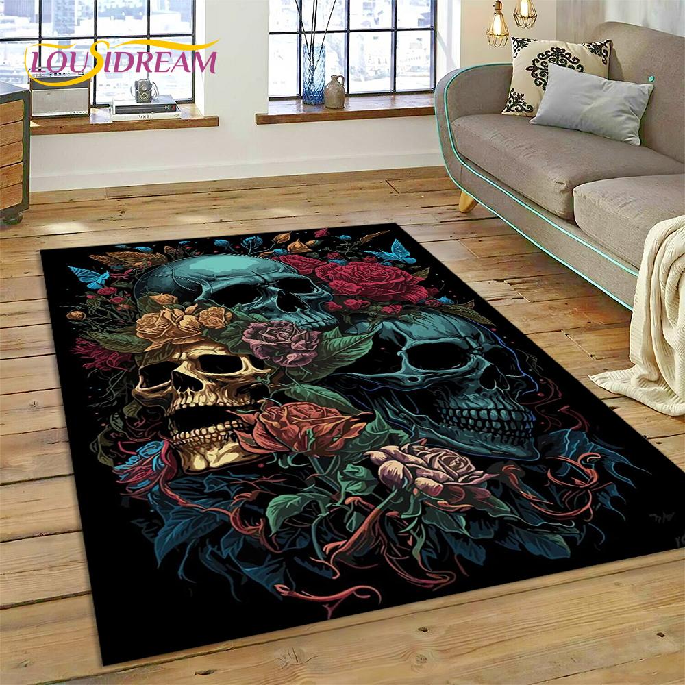 Cartoon Horrible Gothic Skull Flowers Carpet Rug for Home Living Room Bedroom Sofa Doormat Decor,Kid Area Rug Non-slip Floor Mat