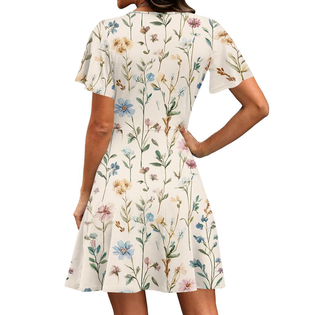 Damen Mini-Kleid mit kurzen Ärmeln, V-Ausschnitt und Blumenprint aus weichem Stoff mit lockerer Passform für den täglichen Gebrauch und Freizeit