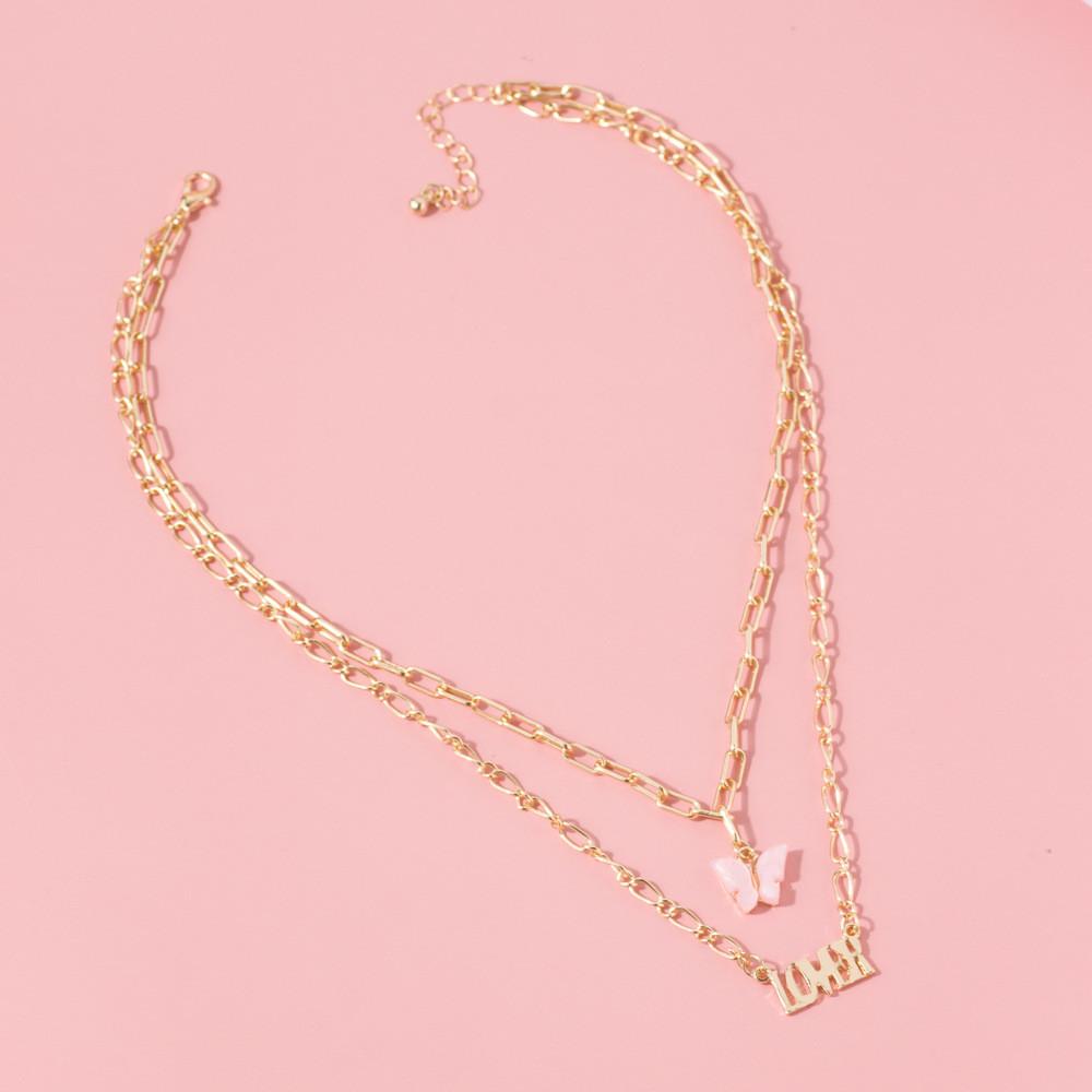 Gorgeous Alloy Double Layer Necklace With Pink Butterfly Charm Perfect For Stylish Women