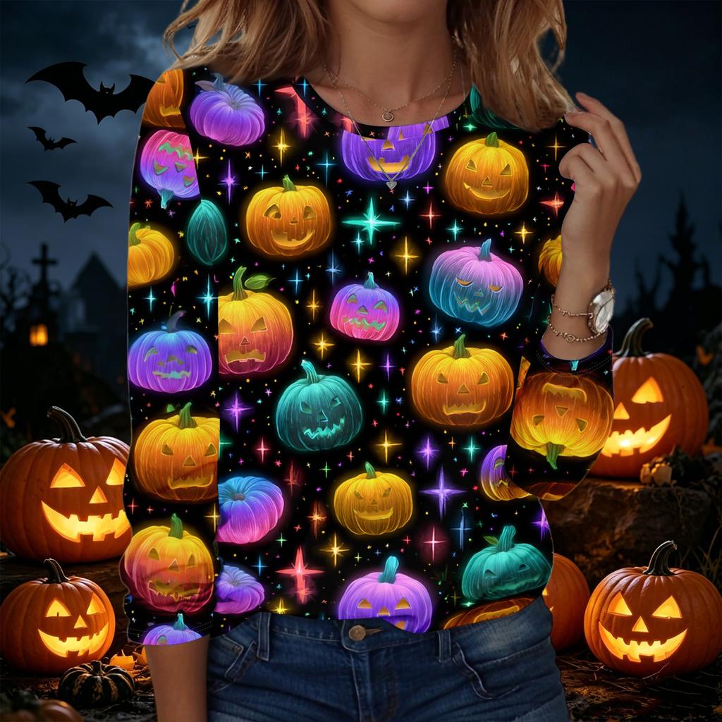 Women's Halloween Print Pullover Sweatshirt Long Sleeve Crew Neck Casual Top Lightweight Soft Fabric Comfortable Fit