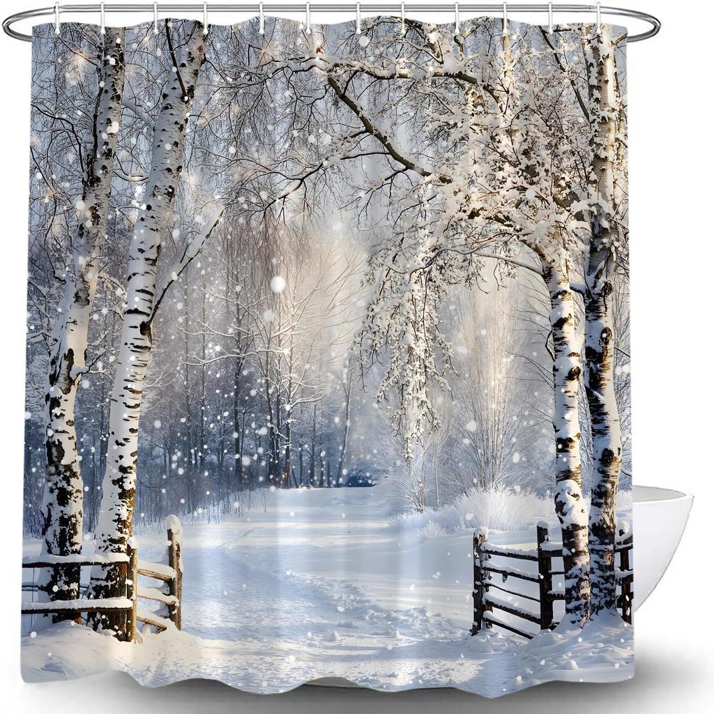 Berkenbomen Douchegordijn Badkamer Decoratie Winter Berkenbos Badgordijn Rustiek Boslandschap Badkamer Accessoires Haken