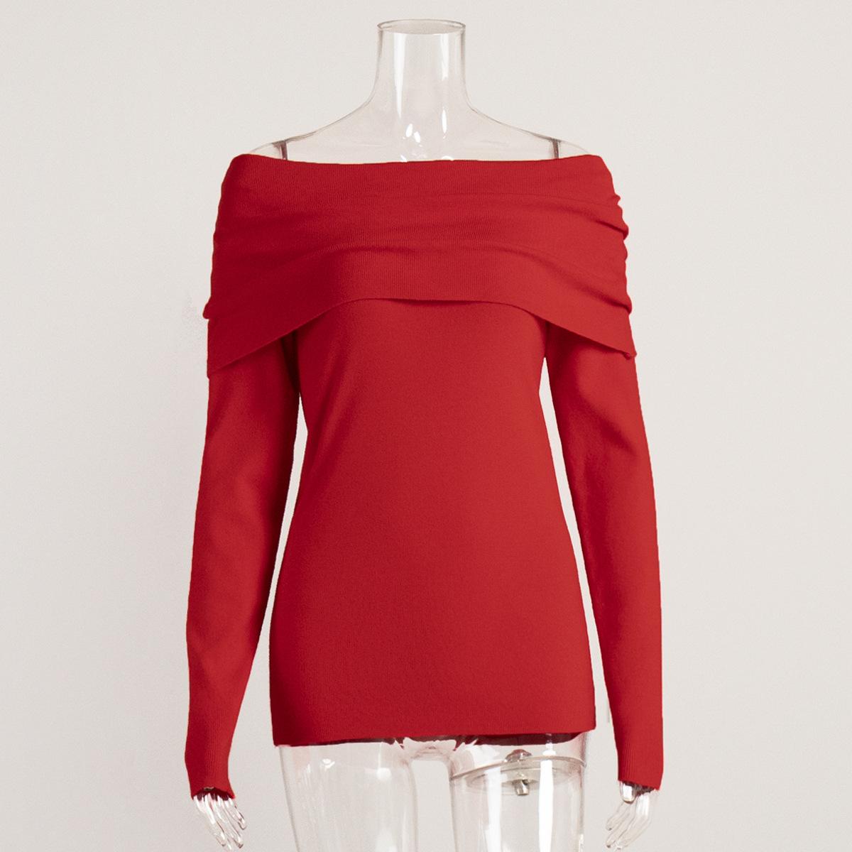 

Женский сексуальный свитер с открытыми плечами, длинный рукав, рюшами, трикотаж, повседневный ребристый пуловер, джемпер, топ для женщин, весна-осень, блузка для выхода, вечерняя рубашка S красный
