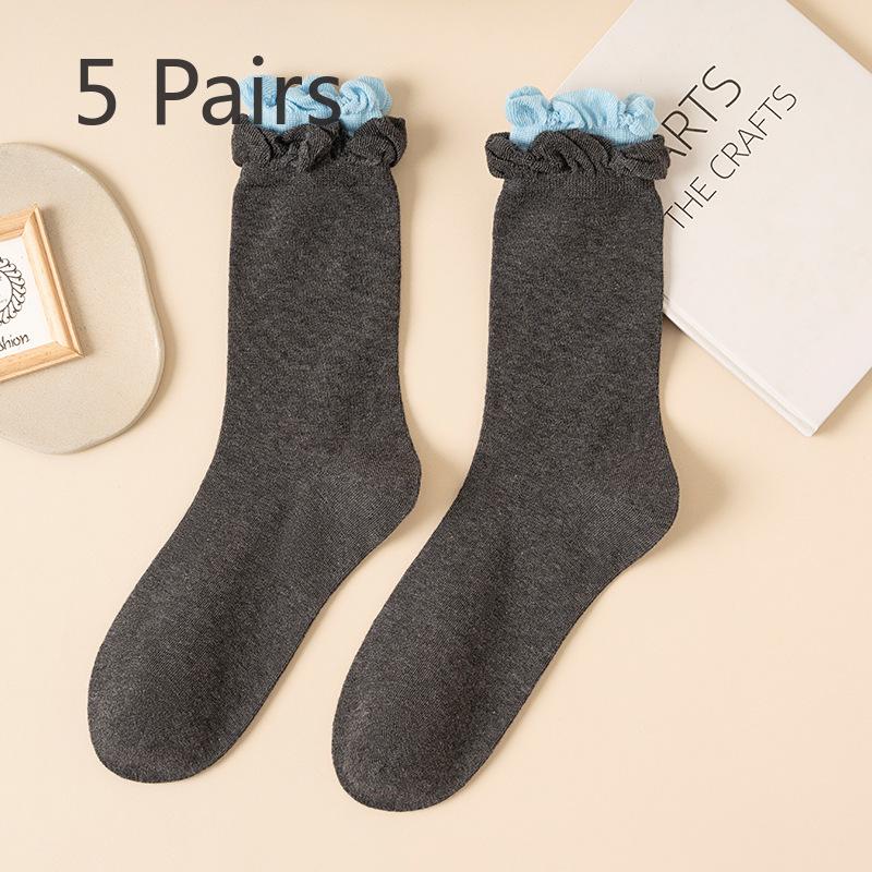 5 Pairs Grey Socks Women's Cotton Yarn Mid-calf Socks Spring and Autumn Tide Jk Clashing Ballet Style Lace Stacked Socks Autumn