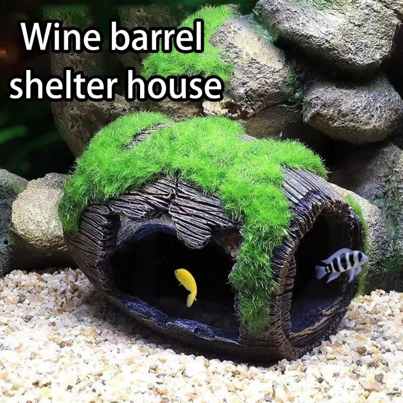 Aquariums Decoration Realistic Moss Covered Barrels Figure Safe Resin Shelter Cave For Fish Shrimp Underwater Hideouts