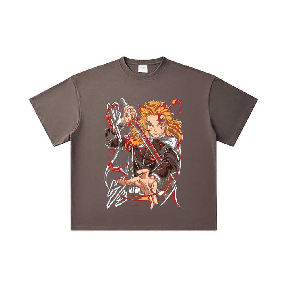 260 GSM Double Yarn 32 Count 100% Cotton Demon Slayer V85 Rengoku Print Unisex Heavy Cotton T Shirt