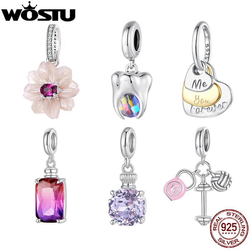 WOSTU 925 Silver DIY Tooth Charm Perfume Bottle Pendant Heart Flower Volleyball Bead Fit Original Bracelet Family Girl Jewelry